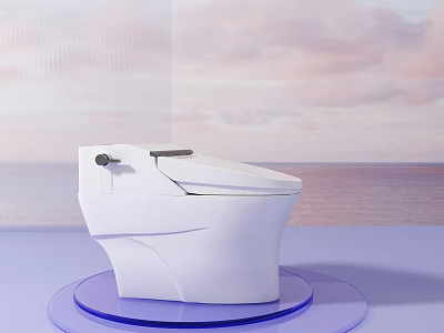 White Toilet with Closed Lid on Blue Circular Base Against Cloudy Sea View Wall 3d model