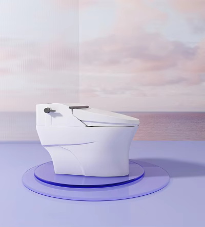 White Toilet with Closed Lid on Blue Circular Base Against Cloudy Sea View Wall 3d model