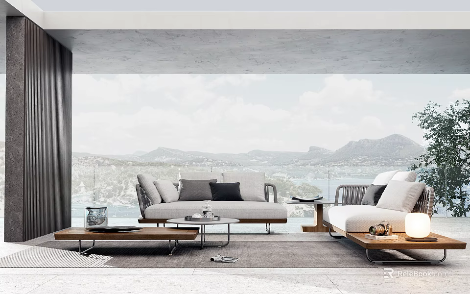 Modern Outdoor Sofa For Patio Relaxation Area With Mountain Water View And Cushions 3d model 