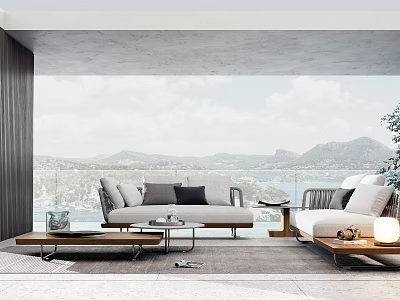 Modern Outdoor Sofa For Patio Relaxation Area With Mountain Water View And Cushions 3d model