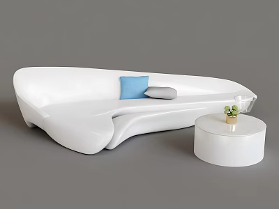 Unique White Sofa and Round Coffee Table Set with Blue Gray Cushions and Small Plant 3d model