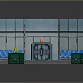 Cartoon Scene Interior With Blue Seats Green Boxes And Yellow Lined Floor