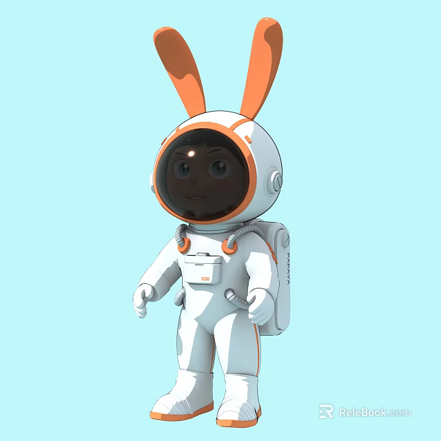 Sculpture Carving Of Rabbit Astronaut In White And Orange Spacesuit With Light Blue Background 3d model 