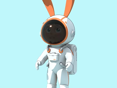 Sculpture Carving Of Rabbit Astronaut In White And Orange Spacesuit With Light Blue Background 3d model