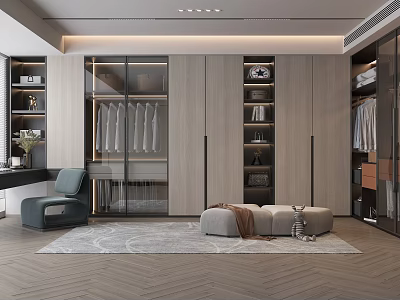 Modern Walk In Closet Interior With Glass Doors And Seating Area 3d model