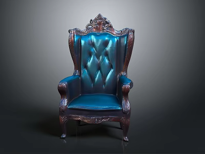 Classic Dark Blue Leather Armchair With Carved Wooden Frame And Intricate Details 3d model