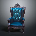 Classic Dark Blue Leather Armchair With Carved Wooden Frame And Intricate Details