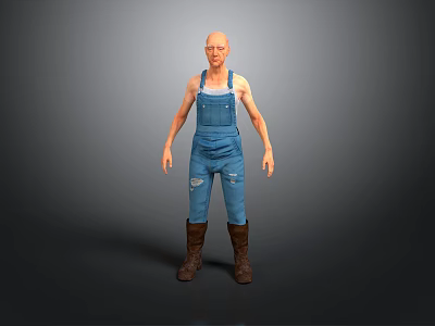 Elderly Man With Bald Head Wearing Blue Overalls With Ripped Holes And Brown Boots 3d model