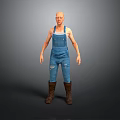 Elderly Man With Bald Head Wearing Blue Overalls With Ripped Holes And Brown Boots