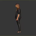 Woman with red hair in black blazer white shirt dark pants sandals against gray background