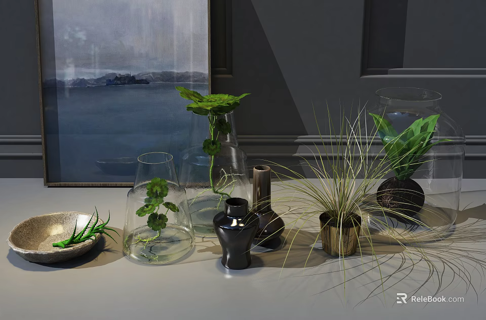 Natural Style Decorative Ornament Set With Glass Vases Green Plants And Metal Accents 3d model 