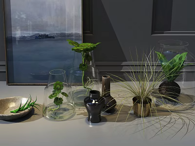 Natural Style Decorative Ornament Set With Glass Vases Green Plants And Metal Accents 3d model
