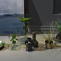 Natural Style Decorative Ornament Set With Glass Vases Green Plants And Metal Accents