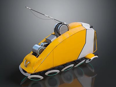 Yellow Tracked Robot With Antenna And Mechanical Parts On Reflective Surface 3d model