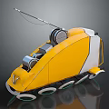 Yellow Tracked Robot With Antenna And Mechanical Parts On Reflective Surface