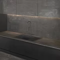 Modern Kitchen Interior With Dark Wooden Cabinets And Island Counter Lighting
