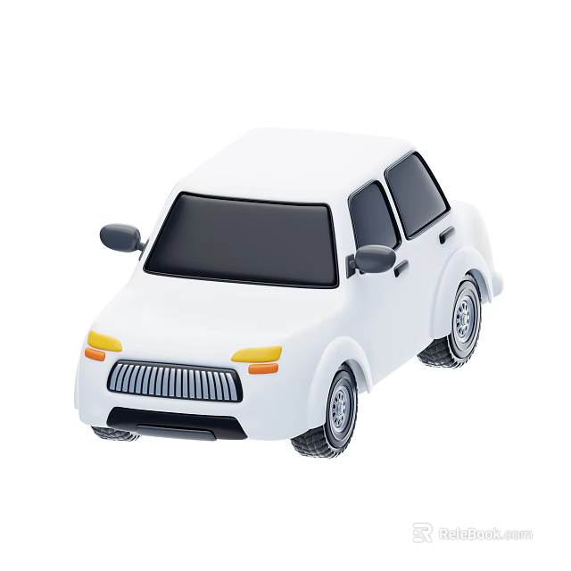 White Car with Simple Design Black Windows Silver Wheels and Yellow Headlights 3d model