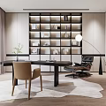 Modern Study Room Design With Open Bookshelf Wooden Desk Chair Floor Lamp And Area Rug