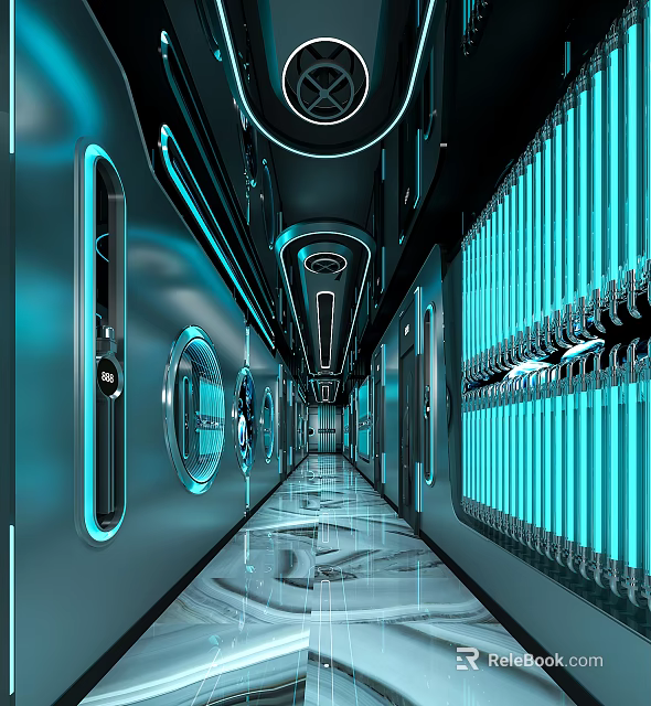 Futuristic KTV Lounge Design With Blue Lighting Metallic Texture Sleek Floor And High Tech Lighting Fixtures 3d model 