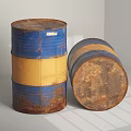 Industrial Storage Drums With Blue Yellow Striped Rusty Surface For Facility Use 3d model