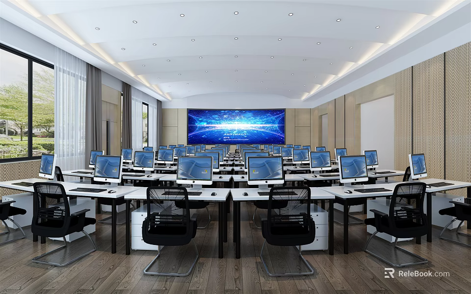Modern School Classroom Equipped With Multiple Computers And Large Digital Screen 3d model