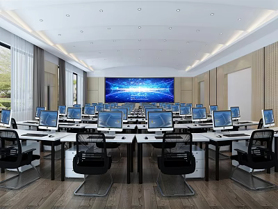 Modern School Classroom Equipped With Multiple Computers And Large Digital Screen 3d model
