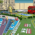 Children's Play Area With Slide Water Pool Fire Truck Sandpit Globe Structure Green Lawn Pathways