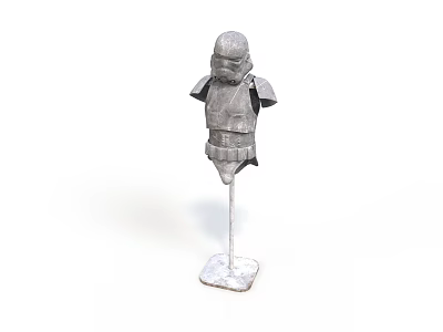 Gray Full Body Armor Model Displayed On Metal Stand With Detailed Structure 3d model