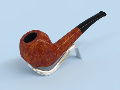 Decorative Ornament Set with Brown Textured Tobacco Pipe and Silver Metal Stand 3d model
