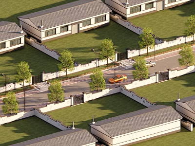 Residential Neighborhood With Rows Of Houses Lawns Trees Fences And Vehicles On Road 3d model