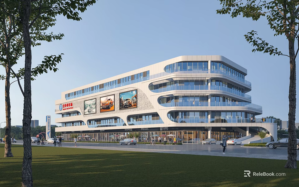 Modern Commercial Complex With Glass Curtain Walls Billboards Greenery Pedestrians And Vehicles 3d model 