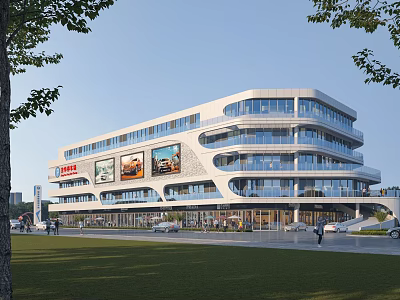 Modern Commercial Complex With Glass Curtain Walls Billboards Greenery Pedestrians And Vehicles 3d model