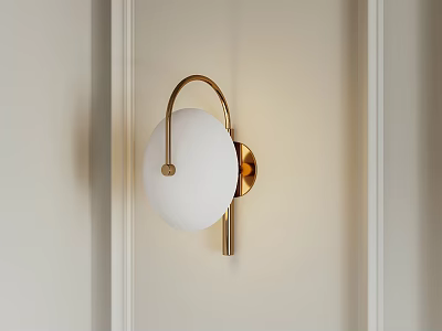 Minimalist Wall Light With Golden Metal Bracket And White Round Lampshade On Light Colored Wall 3d model