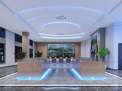 Modern Lobby Interior With Wooden Reception Desks Seating Large Screen Blue Lighting And Plants 3d model