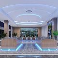 Modern Lobby Interior With Wooden Reception Desks Seating Large Screen Blue Lighting And Plants