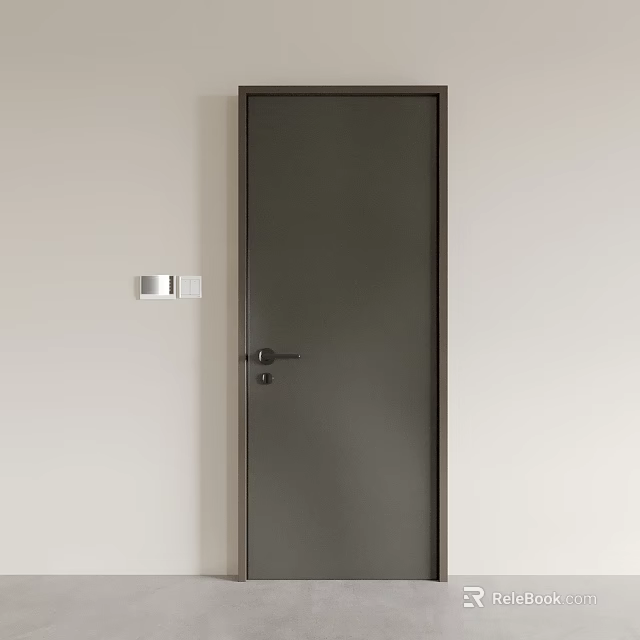 Modern Dark Swing Door With Metal Handle On Light Colored Wall Surface 3d model 