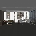 Modern Office Interior With Bookshelves Desk Computer Sofa And Large Windows City View