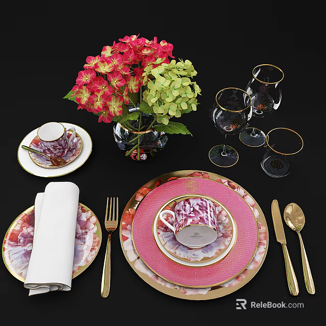 Elegant Dinnerware Set With Pink Plates Gold Trim White Napkin Wine Glasses And Hydrangea Bouquet 3d model 