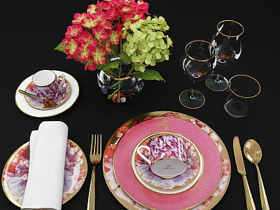Elegant Dinnerware Set With Pink Plates Gold Trim White Napkin Wine Glasses And Hydrangea Bouquet 3d model