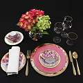 Elegant Dinnerware Set With Pink Plates Gold Trim White Napkin Wine Glasses And Hydrangea Bouquet