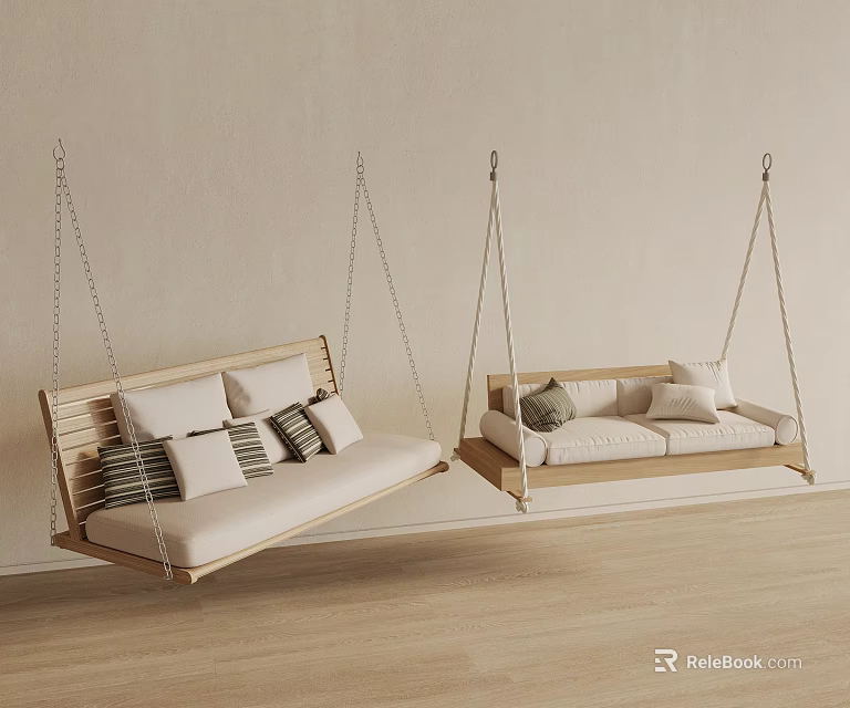 Modern Wooden Hanging Chairs With Comfortable Cushions In Indoor Living Room 3d model 