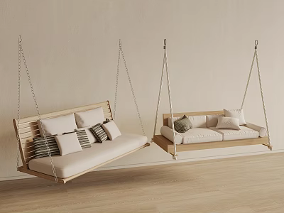 Modern Wooden Hanging Chairs With Comfortable Cushions In Indoor Living Room 3d model