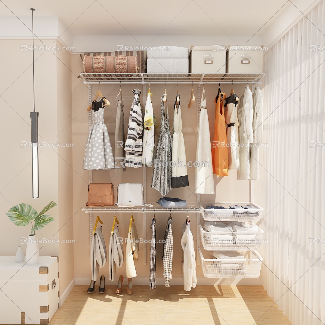 Modern Wardrobe Walk-in Metal Cloakroom Metal Wardrobe Women's Bag Quilt Storage Basket Chandelier Clothes dress 3d model