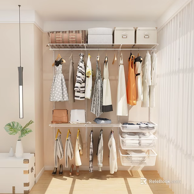 Modern Open Closet Interior With Hanging Clothes Storage Boxes And Folded Garments 3d model 