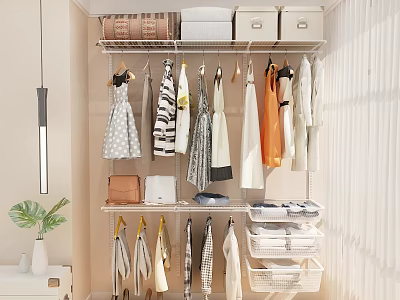 Modern Open Closet Interior With Hanging Clothes Storage Boxes And Folded Garments 3d model