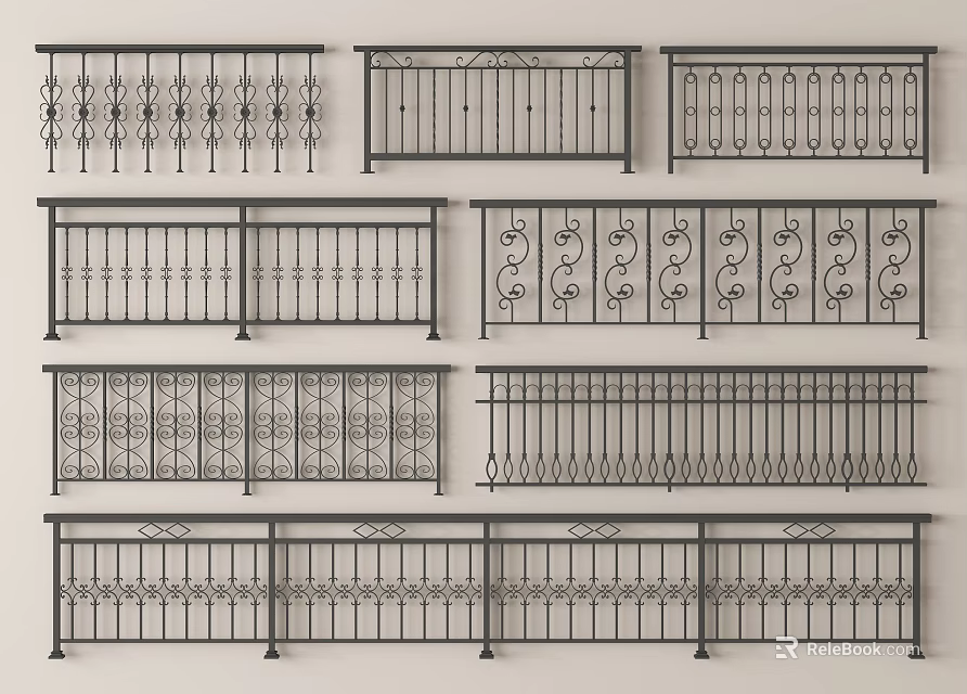 Multiple Styles of Metal Railings with Ornate Patterns and Simple Designs 3d model 