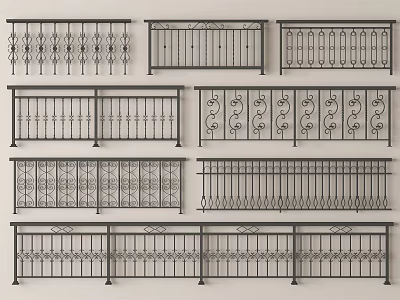 Multiple Styles of Metal Railings with Ornate Patterns and Simple Designs 3d model