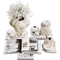 Elegant Decorative Ornament Set With White Bouquet Succulent Plant Aromatherapy Candles And Open Magazine
