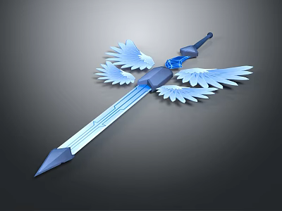 Detailed Fantasy Glowing Sword With Blue Gemstone And White Wing Decorations 3d model