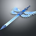 Detailed Fantasy Glowing Sword With Blue Gemstone And White Wing Decorations